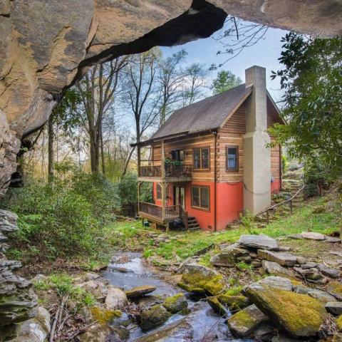 log house, cabin, stone, water, rural, Asheville, 