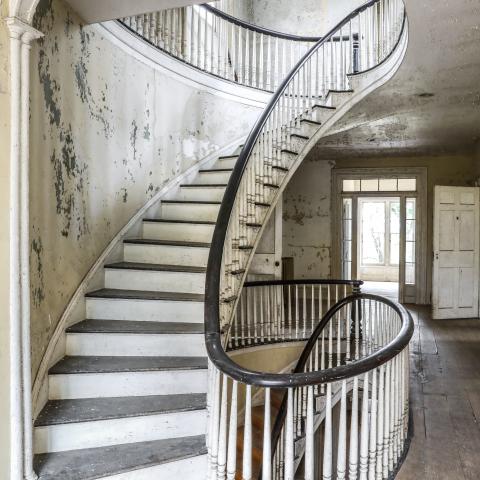 mansion, estate, distressed, empty room, staircase, porch, 