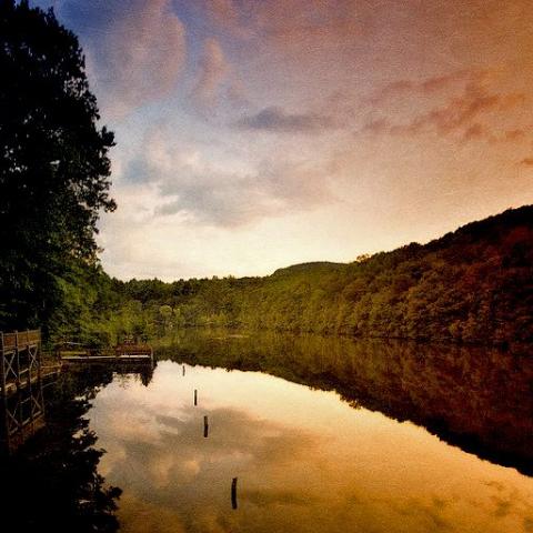 cabin, log house, lake, water, 