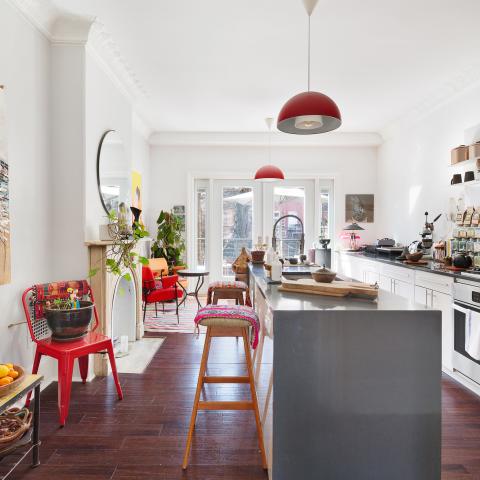 brownstone, townhouse, bohemian, eclectic, staircase, deck, kitchen, 