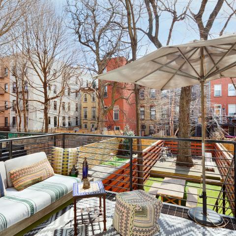 brownstone, townhouse, bohemian, eclectic, staircase, deck, kitchen, 