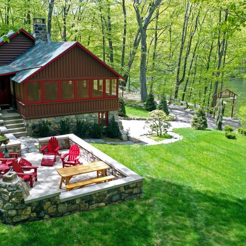 cabin, log house, lake, water, 