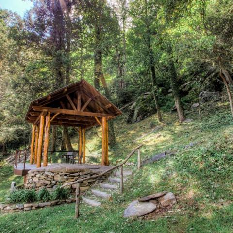 log house, cabin, stone, water, rural, Asheville, 