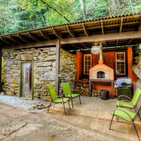 log house, cabin, stone, water, rural, Asheville, 