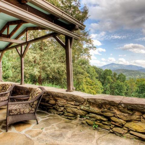 log house, cabin, stone, water, rural, Asheville, 