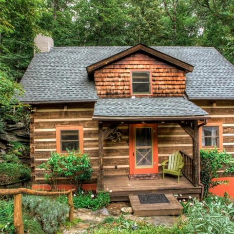 log house, cabin, stone, water, rural, Asheville, 