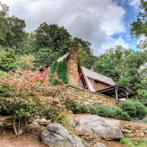 log house, cabin, stone, water, rural, Asheville, 