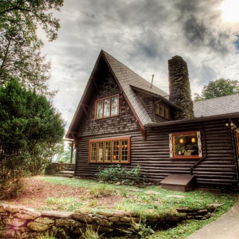 log house, cabin, stone, water, rural, Asheville, 