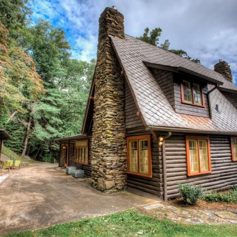 log house, cabin, stone, water, rural, Asheville, 