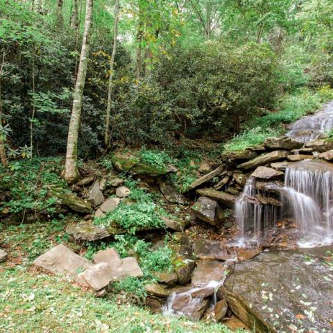 log house, cabin, stone, water, rural, Asheville, 