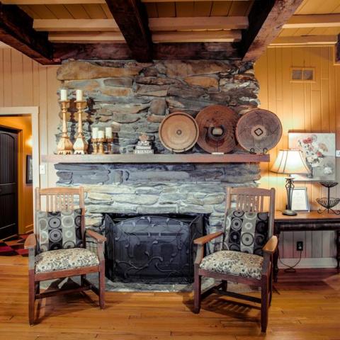 log house, cabin, stone, water, rural, Asheville, 