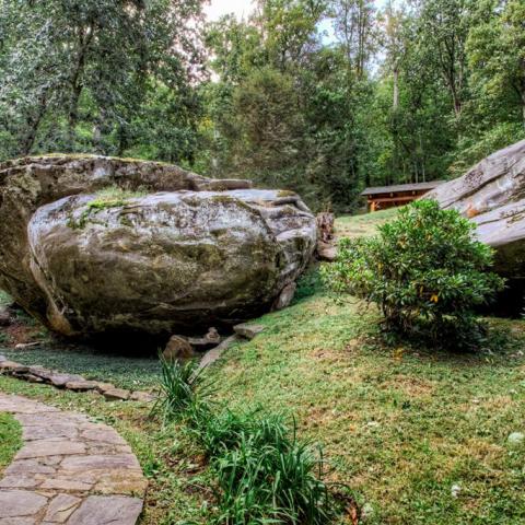 log house, cabin, stone, water, rural, Asheville, 