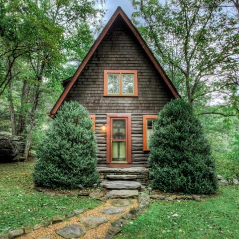 log house, cabin, stone, water, rural, Asheville, 