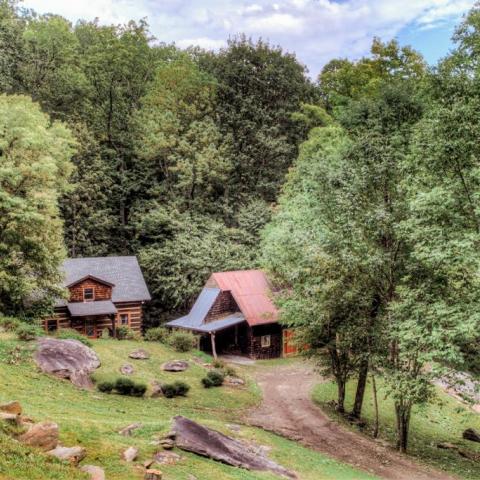 log house, cabin, stone, water, rural, Asheville, 