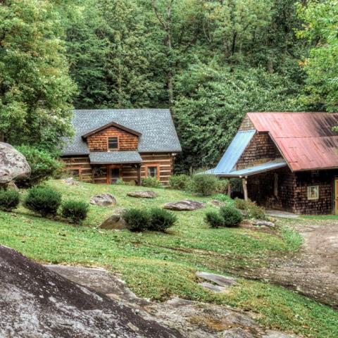 log house, cabin, stone, water, rural, Asheville, 