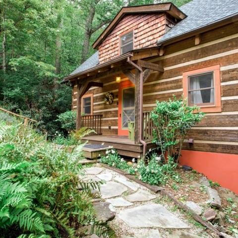 log house, cabin, stone, water, rural, Asheville, 