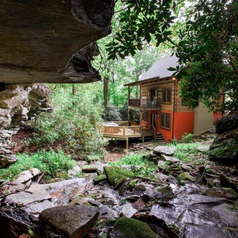 log house, cabin, stone, water, rural, Asheville, 