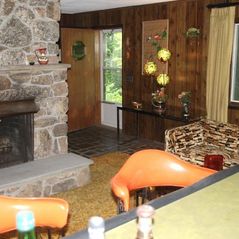 funky, stone, wood, kitchen, deck, patio, fireplace, 