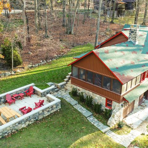 cabin, log house, lake, water, 