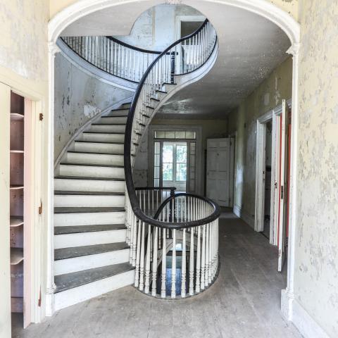 mansion, estate, distressed, empty room, staircase, porch, 