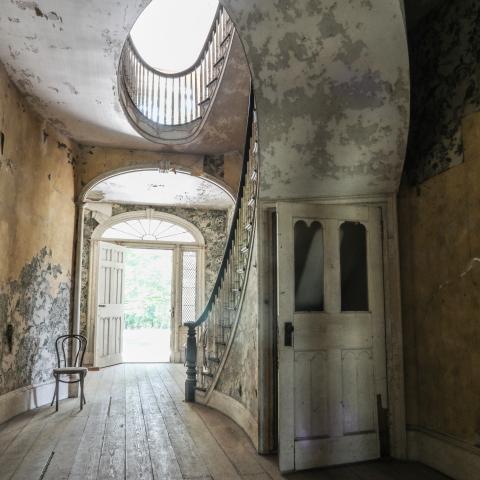 mansion, estate, distressed, empty room, staircase, porch, 