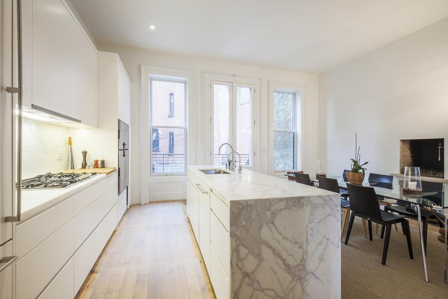 brownstone, contemporary, light, white, fireplace, kitchen, deck, 