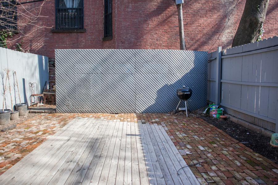 brownstone, contemporary, light, white, fireplace, kitchen, deck, 