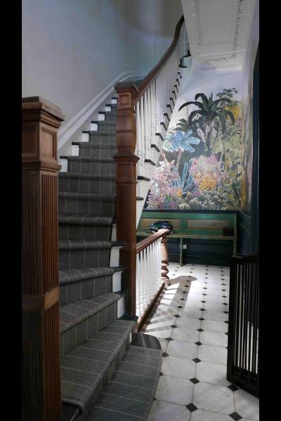 brownstone, funky, eclectic, colorful, staircase, fireplace, kitchen, 