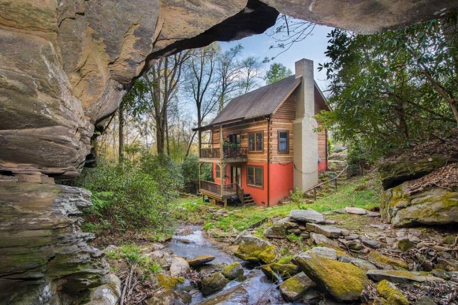 log house, cabin, stone, water, rural, Asheville, 