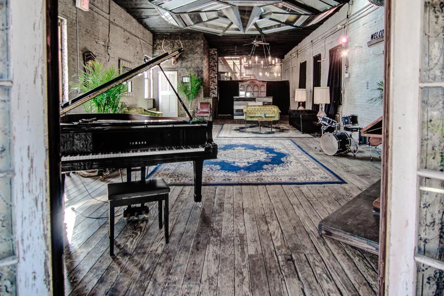 loft, bohemian, funky, textured walls, wood, piano, 