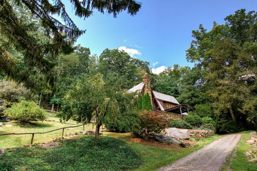 log house, cabin, stone, water, rural, Asheville, 