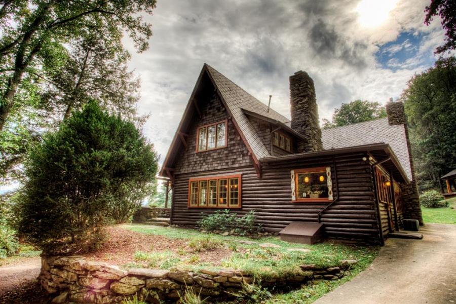 log house, cabin, stone, water, rural, Asheville, 