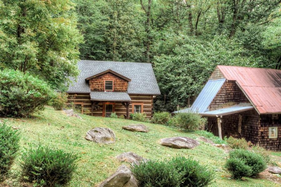 log house, cabin, stone, water, rural, Asheville, 