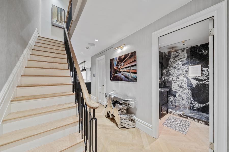 brownstone, townhouse, contemporary, upscale, staircase, terrace, garden, kitchen, bathroom, 