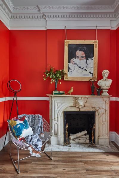 townhouse, colorful, funky, fireplace, kitchen, 