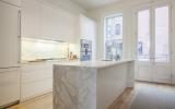 brownstone, contemporary, light, white, fireplace, kitchen, deck, 